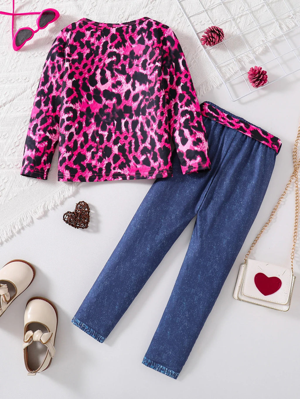 2-piece Spring and Autumn girls fashion set pink leopard print knit round neck