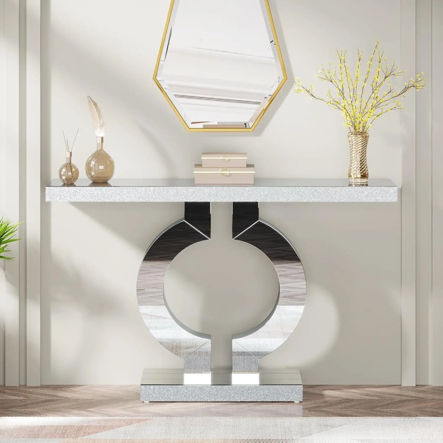 43.3-Inch (110cm)Mirrored Console Table, Modern Entryway Table with Thickened