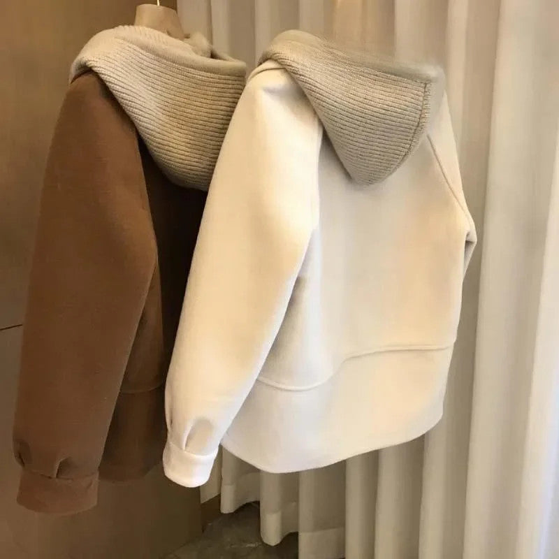 Winter Woolen Coat Women's High-end Feel Knitted Hooded Thickened Top Two-piece