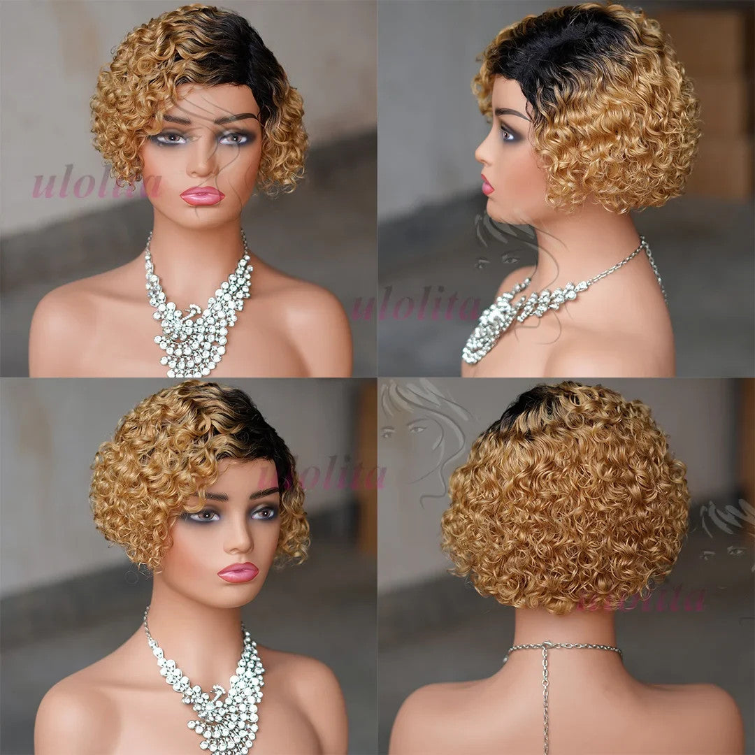 Ombre Blonde T1B27Pixie Cut Short Curly Bob Side Part Non Lace Front 100%