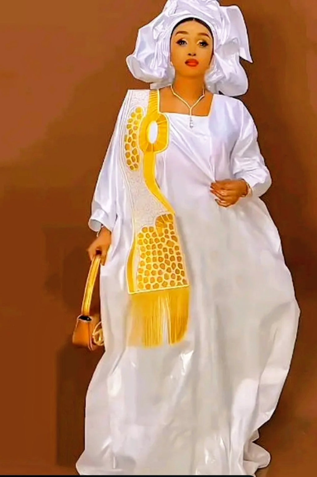 Women Tradional African Rich Basin Boubou For Wedding Party With Scarf