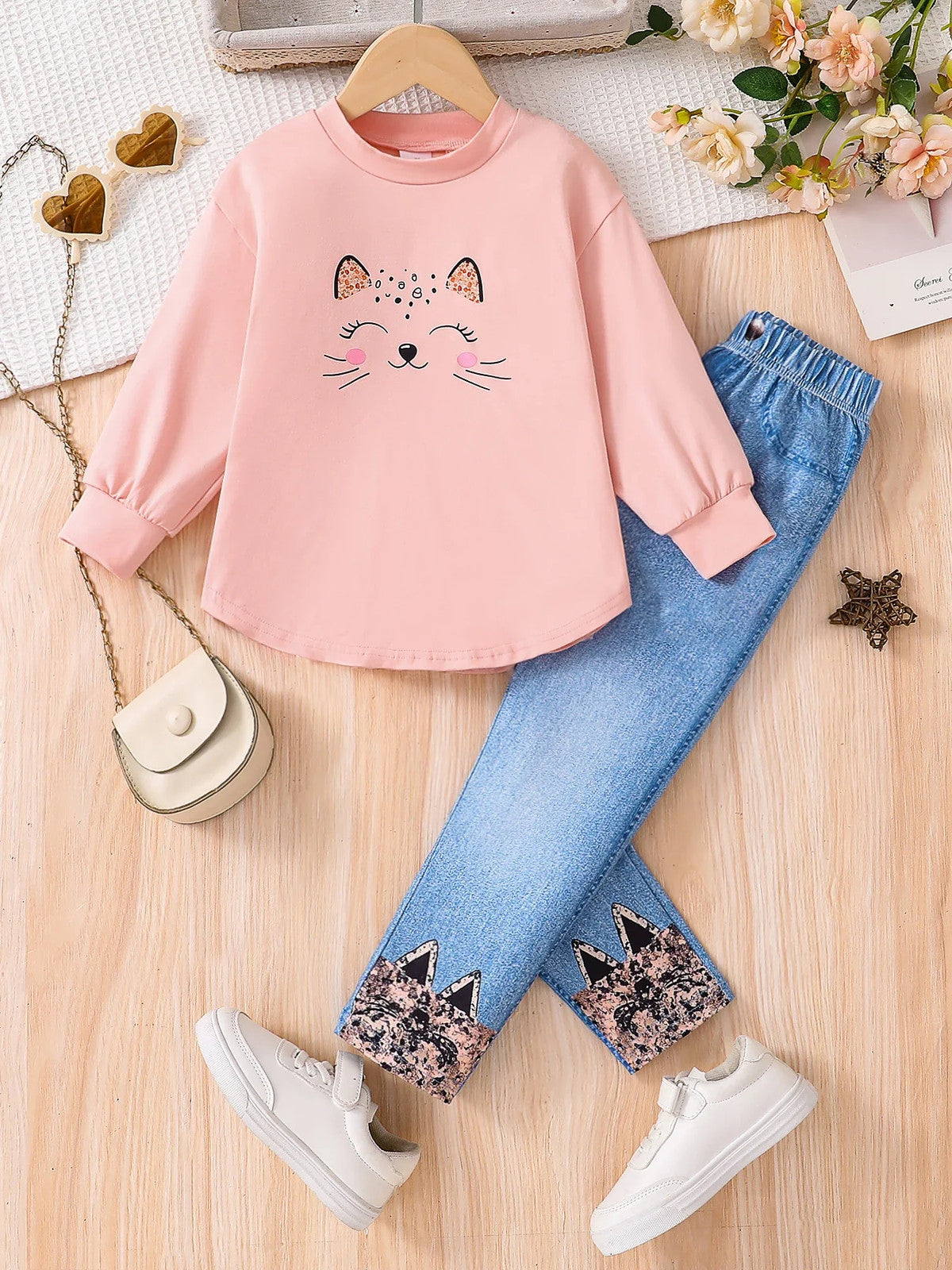 Spring and autumn girls fashion cute 2-piece set micro-elastic pink round neck