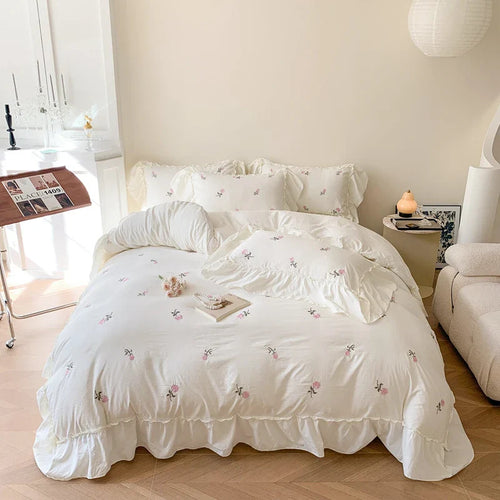 3pcs Rose Embroidered Duvet Cover Set (1*Duvet Cover + 2*Pillowcase, Without
