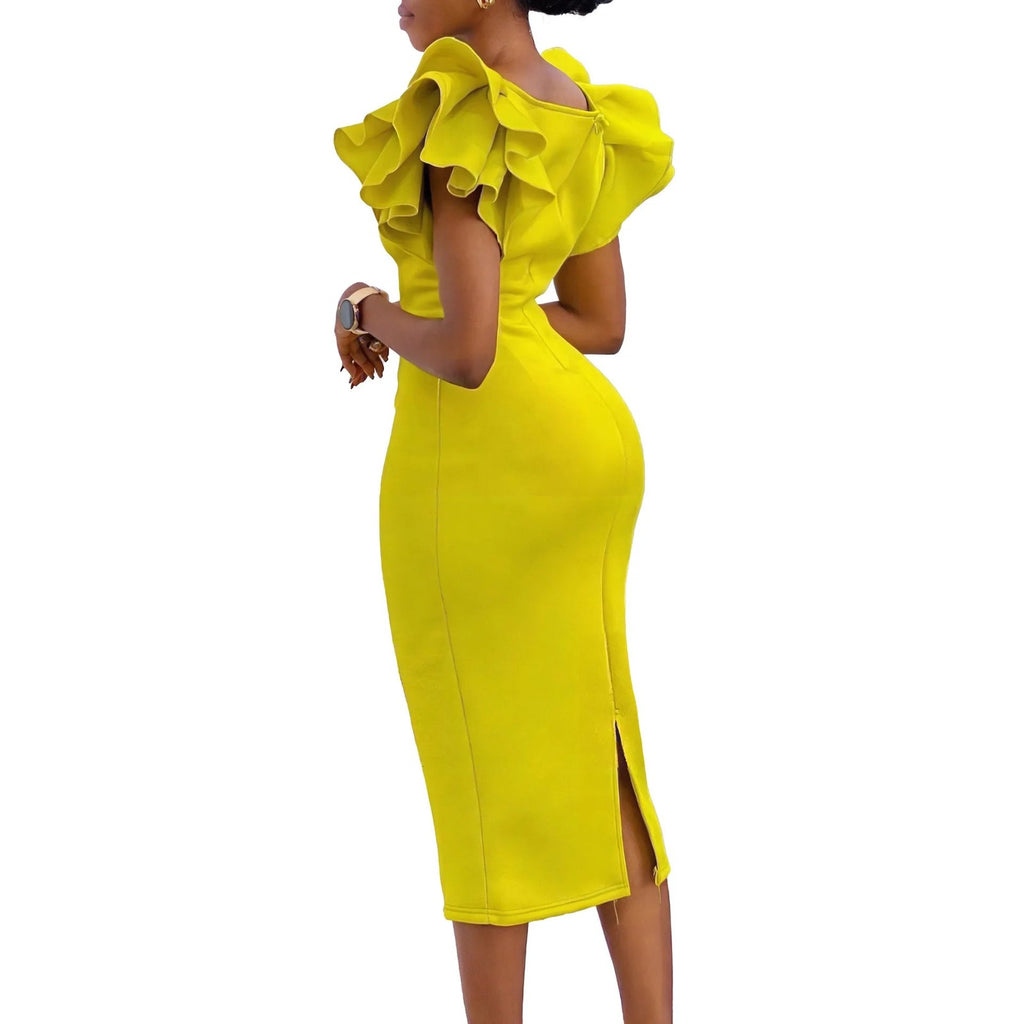 CM.YAYA Women Ruffles Short Sleeve Square Collar Knee Length Dress Street