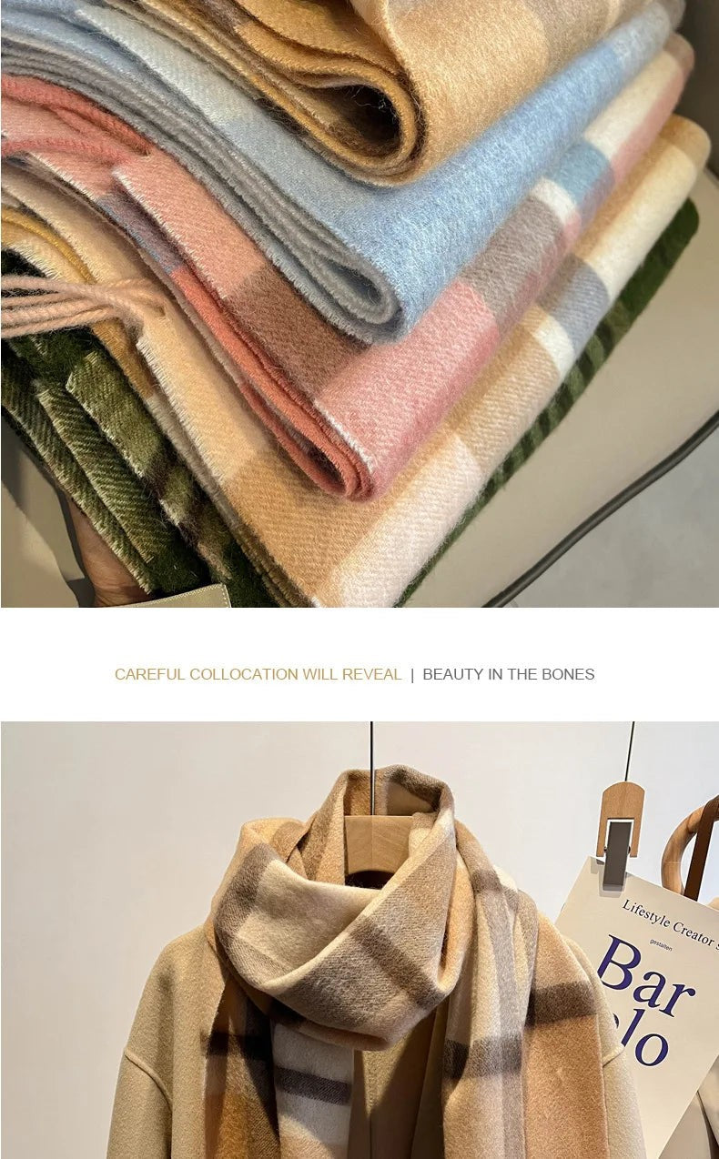 High Quality 100% Pure Wool Plaid Scarf Women Couples Winter Autumn Soft Warm