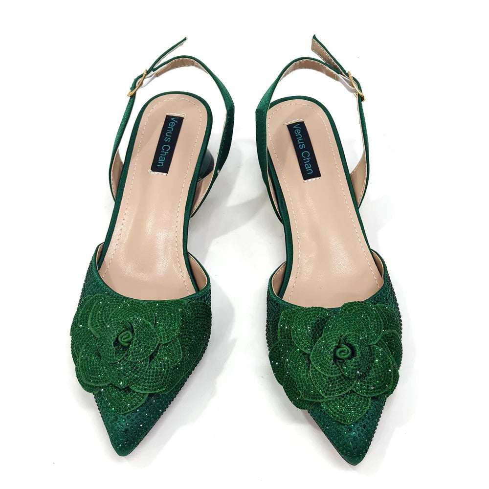 Women's Pointed-Toe Large Flower Decoration Rhinestone Low Heel Italian Shoes