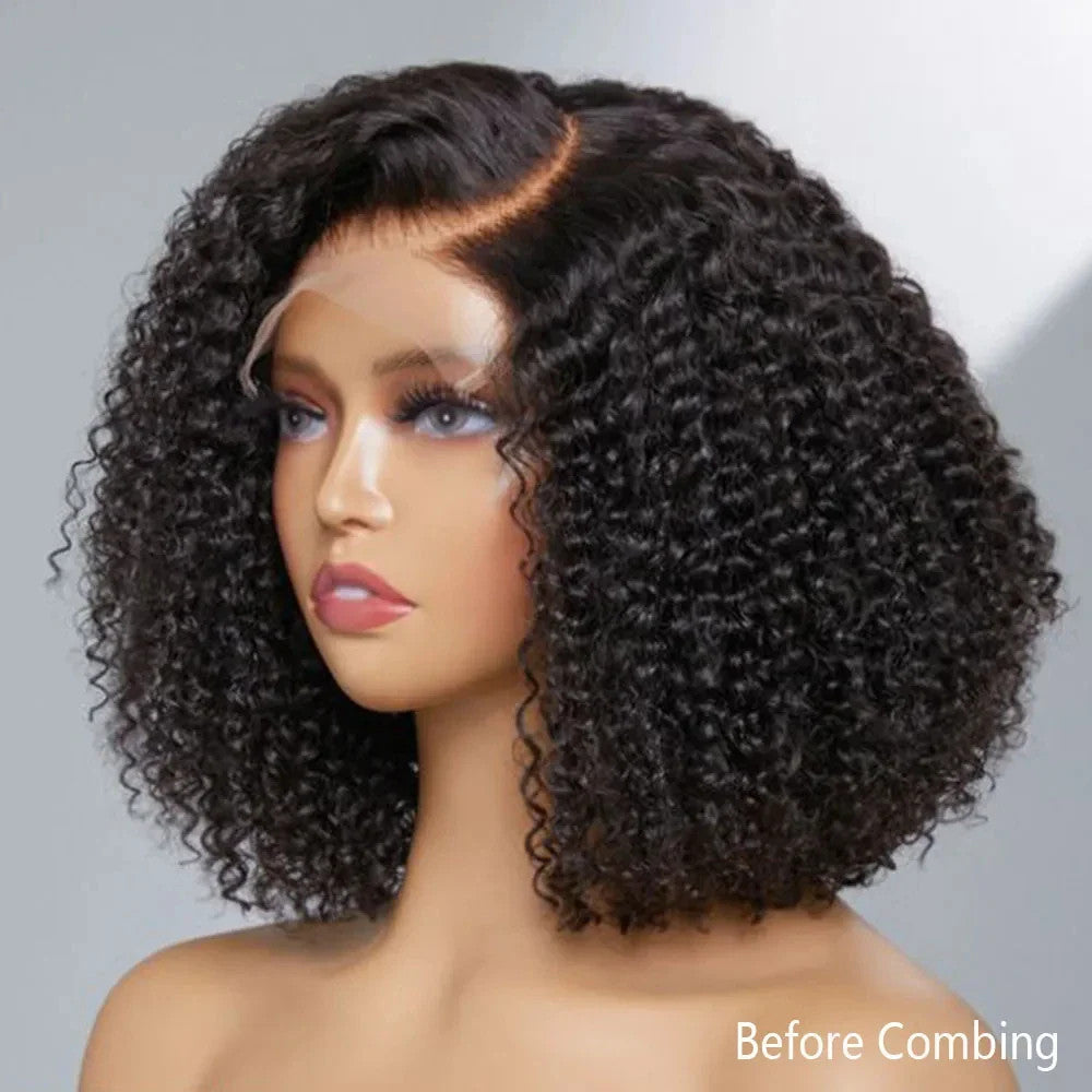 250% Density Short Bob Jerry Curly Human Hair Wig 13x4 Transparent Lace Frontal