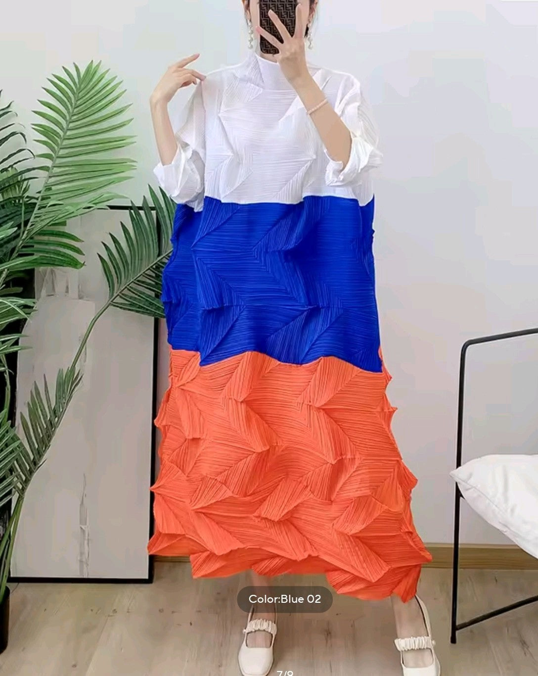 Women's Crinkle Diamond 3 Color Block Long Short Sleeve Dress
