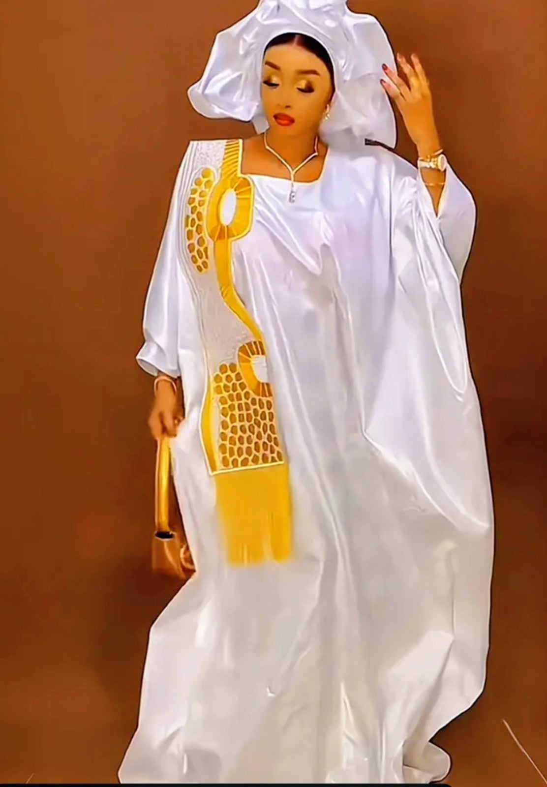 Women Tradional African Rich Basin Boubou For Wedding Party With Scarf
