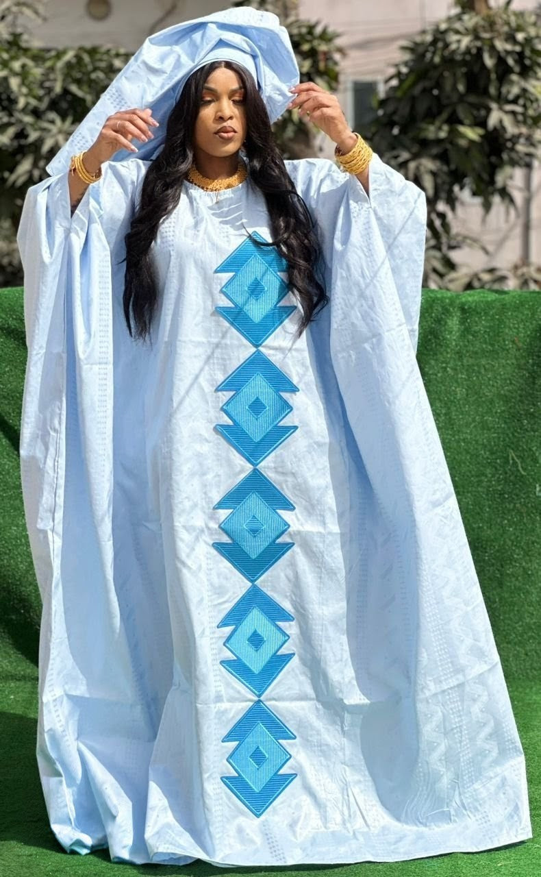 Traditional African Women's Bazin Riche Embroidered Long Dress Plus Size