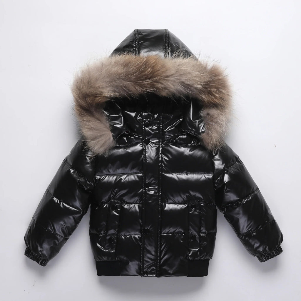 Kids Winter Down Jacket Real Faux Fur Waterproof Shiny Thick Warm Outerwear