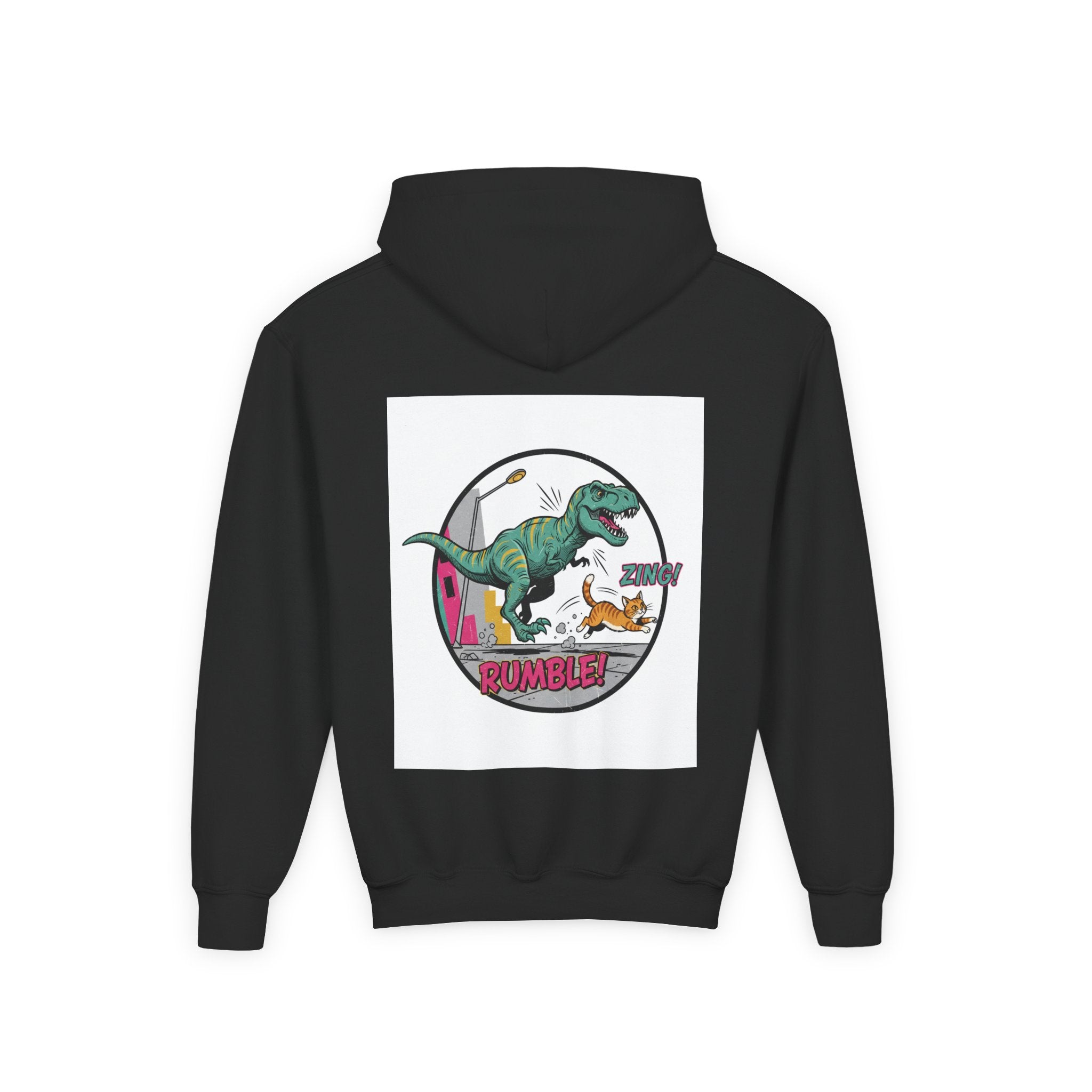 T-Rex Chase Dino Rumble Youth Hoodie | Dinosaur Graphic Sweatshirt