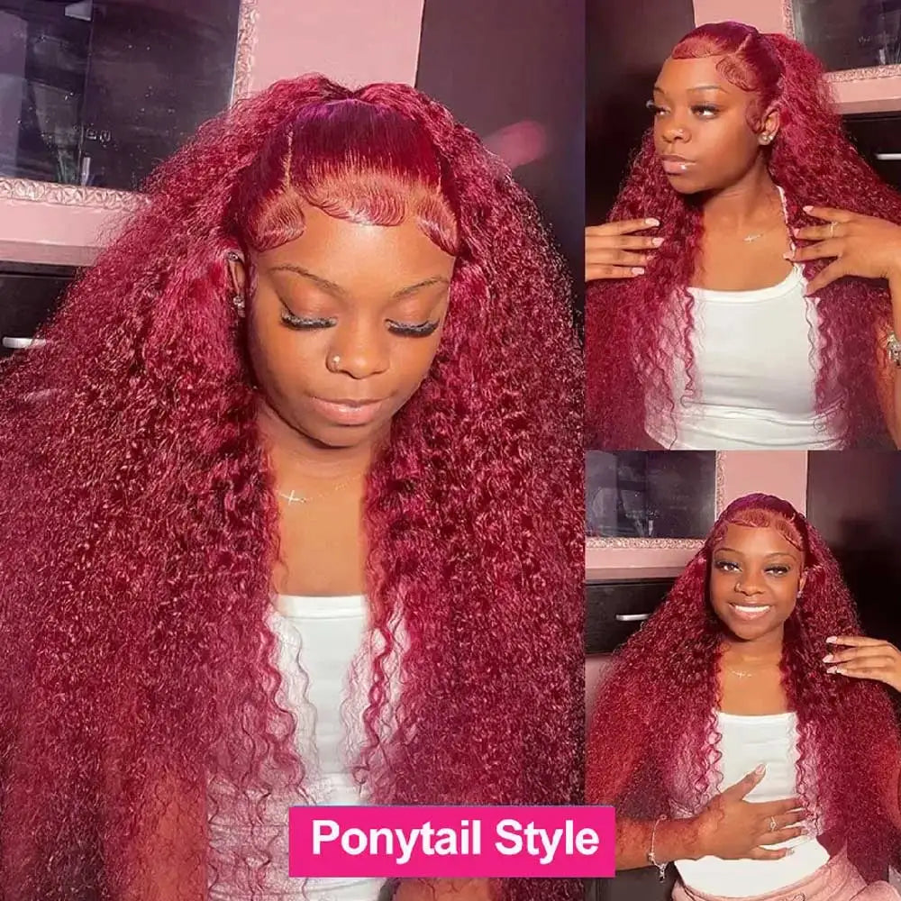 99J Deep Wave Frontal Wig 360 Full Hd Lace Front Wig Pre Plucked 250 High Density Burgundy Red Glueless Wig Human Hair