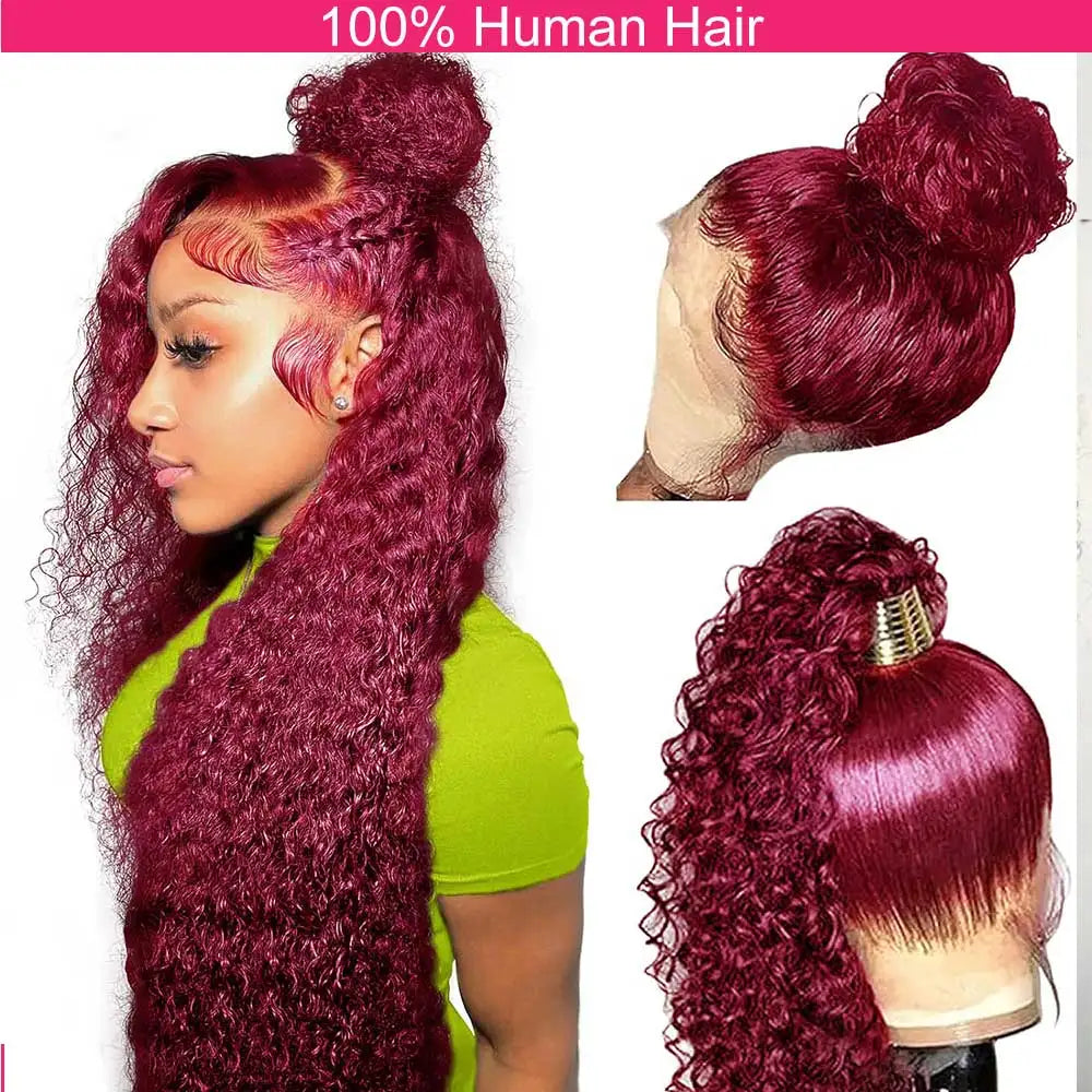 99J Deep Wave Frontal Wig 360 Full Hd Lace Front Wig Pre Plucked 250 High Density Burgundy Red Glueless Wig Human Hair