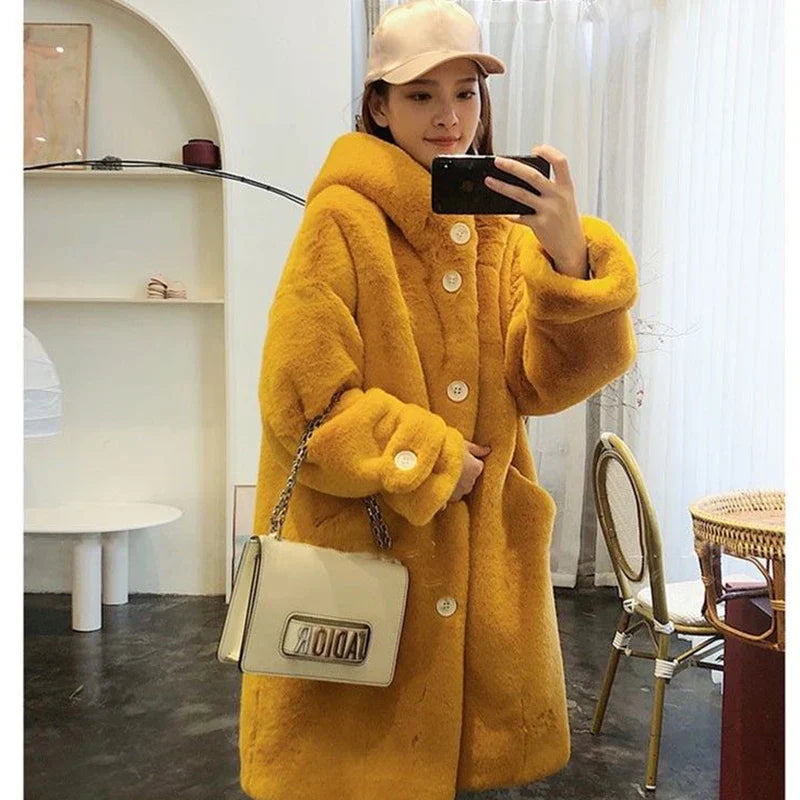 Winter Women's Faux Rabbit Fur Coat Hooded Thick And Plush Jacket