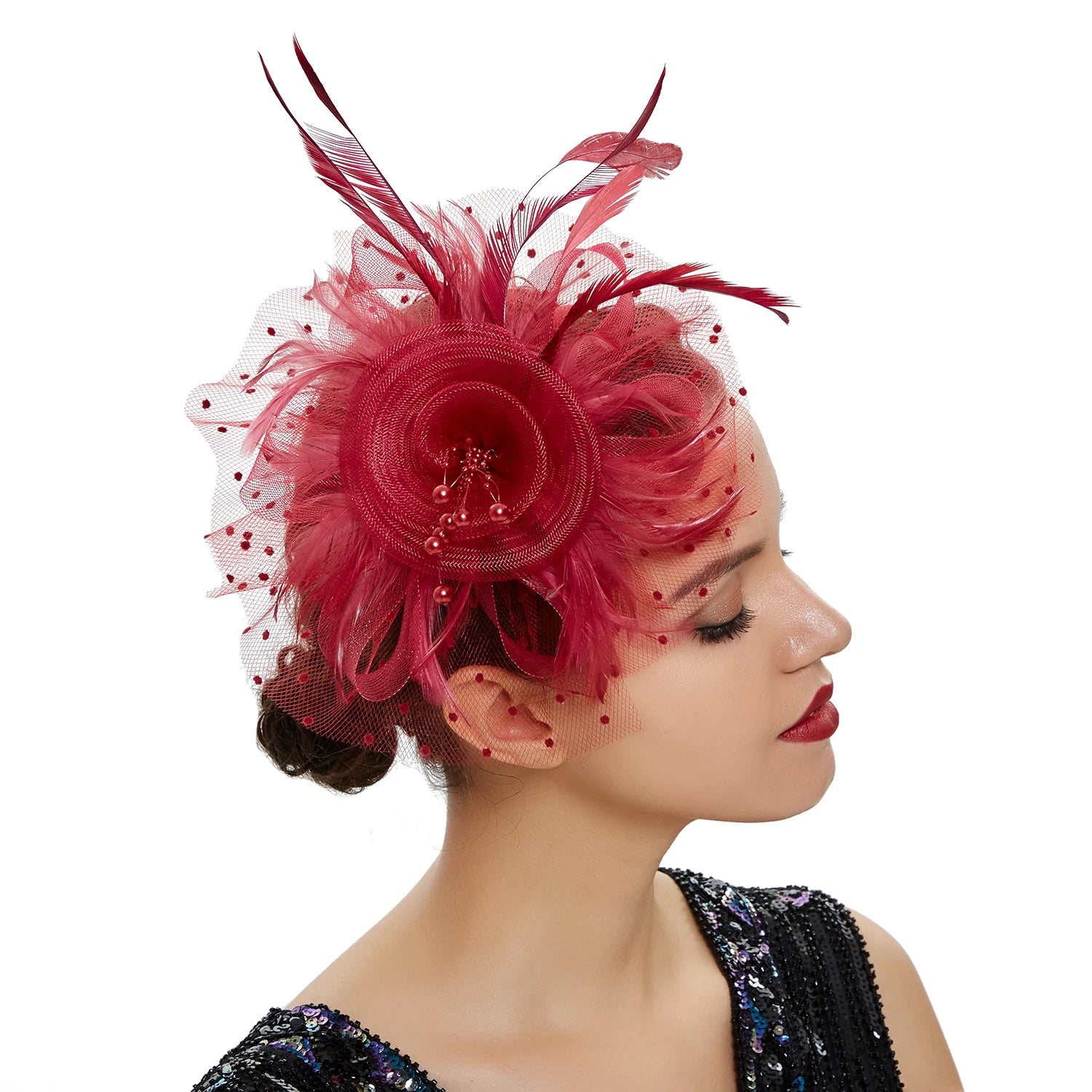 Vintage Women Feather Flower Fascinator Hat Ladies Hair Accessories Wedding Party Floral Mesh Veil Headband Hairpin