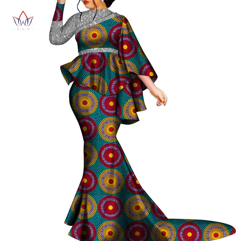 African Clothes for Women Bazin Riche Floral Printed 2 Piece Sets Irregular Bat Sleeve Top and Long Skirts Lady's Party Outfits