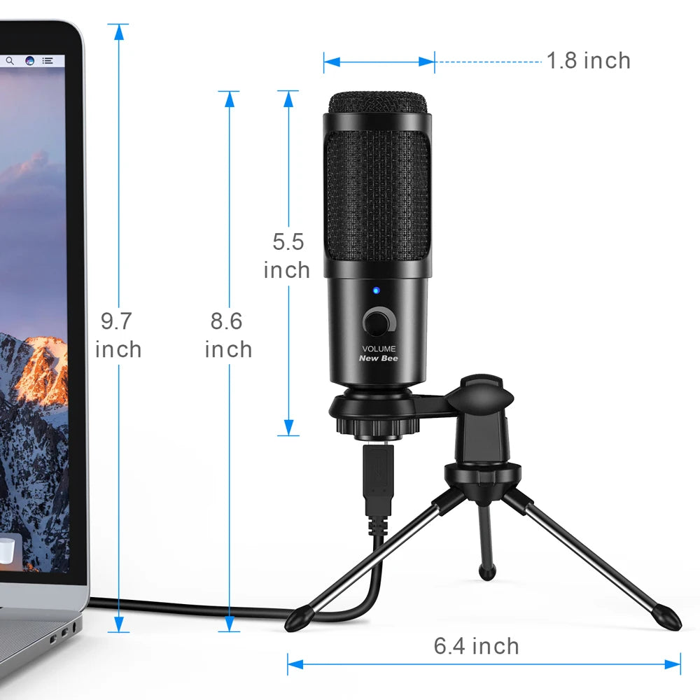 New Bee USB Microphone Condenser Professional Mic with Shock Mount for Computer Laptop Gaming Streaming Recording Studio