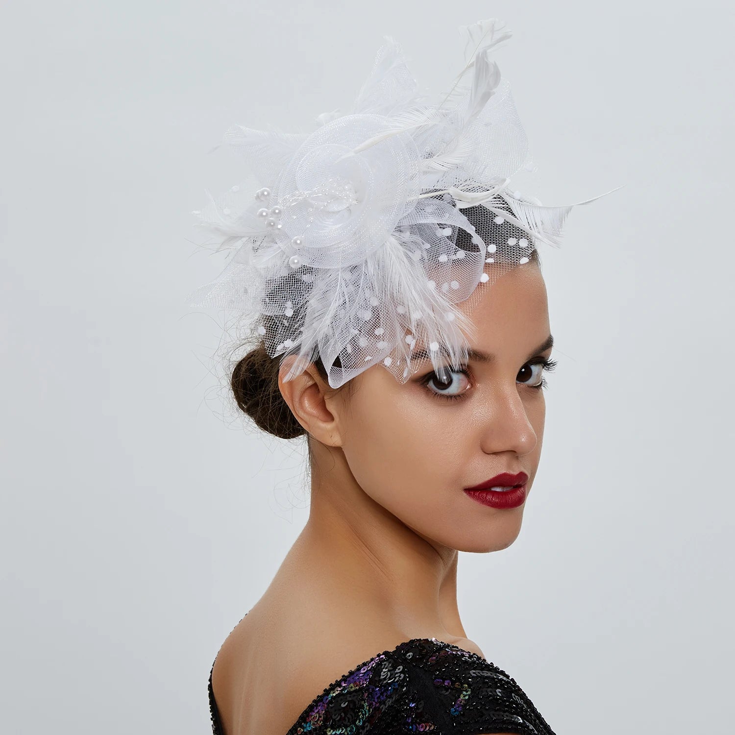 Vintage Women Feather Flower Fascinator Hat Ladies Hair Accessories Wedding Party Floral Mesh Veil Headband Hairpin