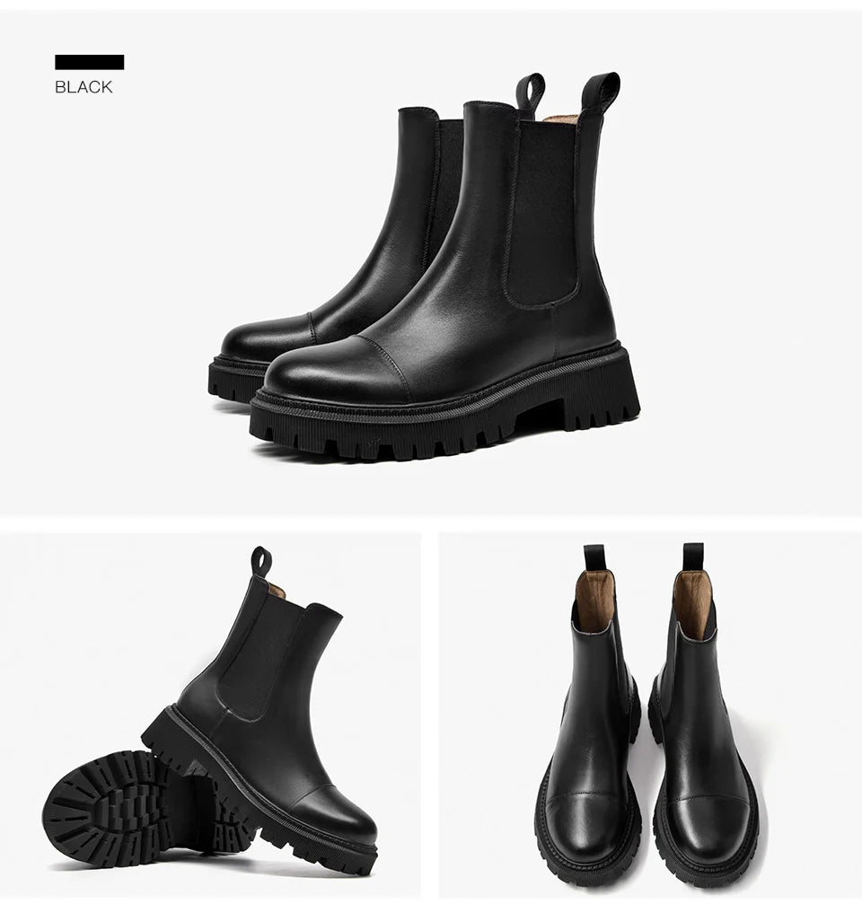 Beau Today Flat Chelsea Ankle Boots For Women Genuine Cow Leather Elastic Strap Spring Autumn Ladies Shoes Handmade A02379