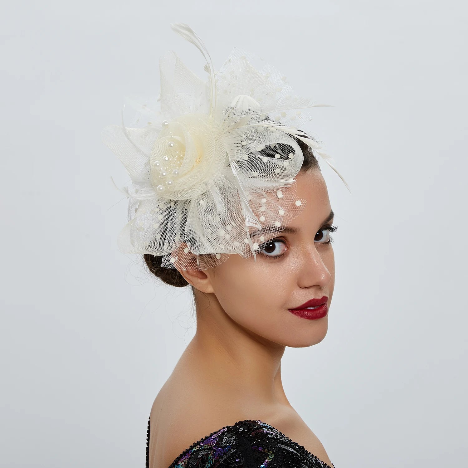 Vintage Women Feather Flower Fascinator Hat Ladies Hair Accessories Wedding Party Floral Mesh Veil Headband Hairpin