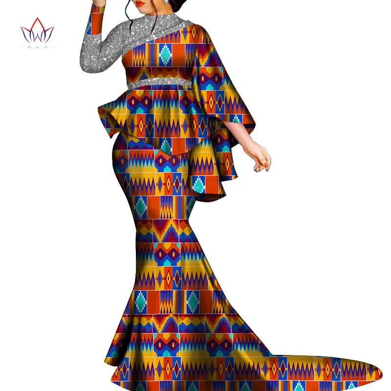 African Clothes for Women Bazin Riche Floral Printed 2 Piece Sets Irregular Bat Sleeve Top and Long Skirts Lady's Party Outfits