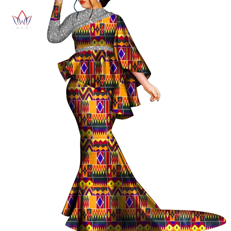 African Clothes for Women Bazin Riche Floral Printed 2 Piece Sets Irregular Bat Sleeve Top and Long Skirts Lady's Party Outfits