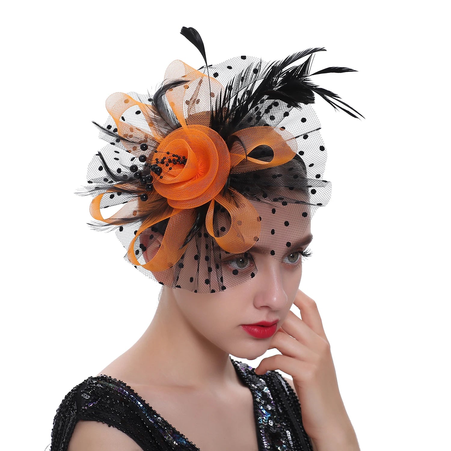 Vintage Women Feather Flower Fascinator Hat Ladies Hair Accessories Wedding Party Floral Mesh Veil Headband Hairpin