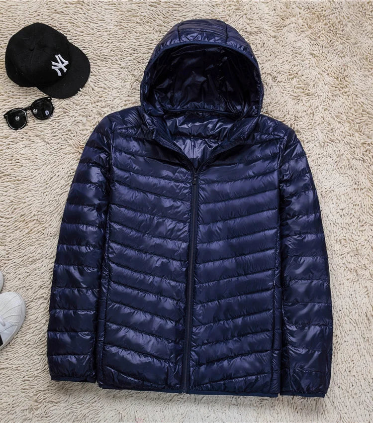 Plus Size Schinteon Men White Duck Down Jacket Ultra Light Thin Casual Coat Outerwear with Hood New Arrival Winter Autumn