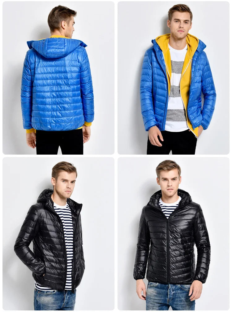 Plus Size Schinteon Men White Duck Down Jacket Ultra Light Thin Casual Coat Outerwear with Hood New Arrival Winter Autumn