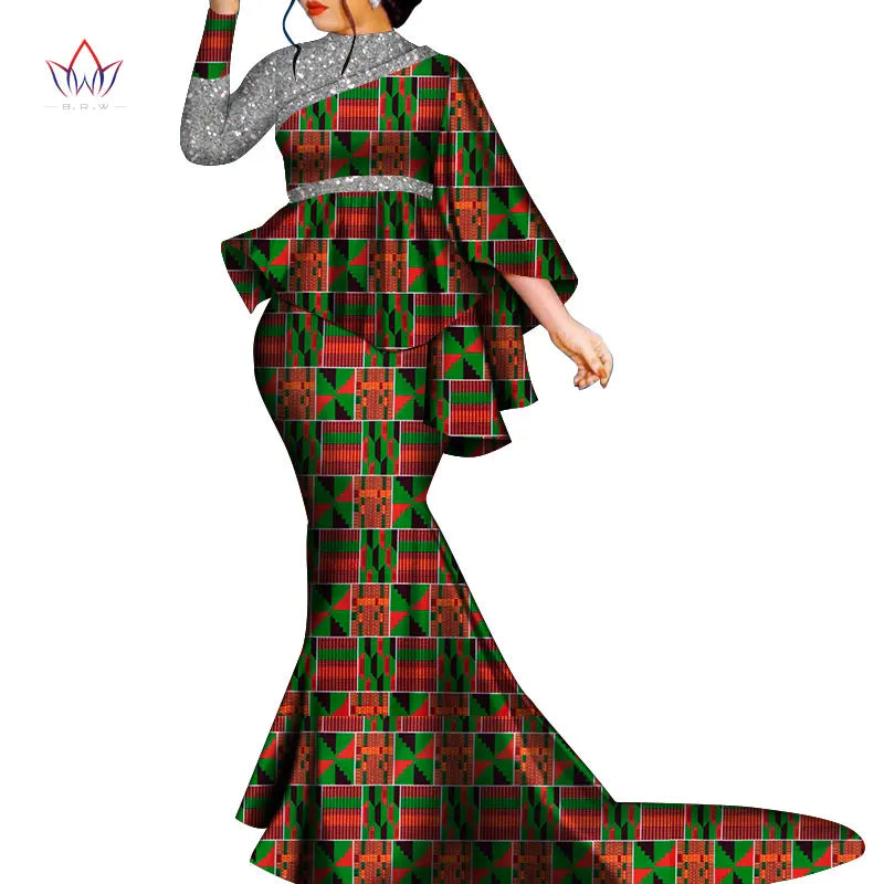 African Clothes for Women Bazin Riche Floral Printed 2 Piece Sets Irregular Bat Sleeve Top and Long Skirts Lady's Party Outfits