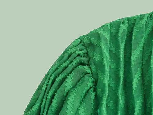 Crocheted Pleated Chiffon Maxi Dress — Long Sleeve O-Neck | Flowing Loose Fit | Mint | One Size