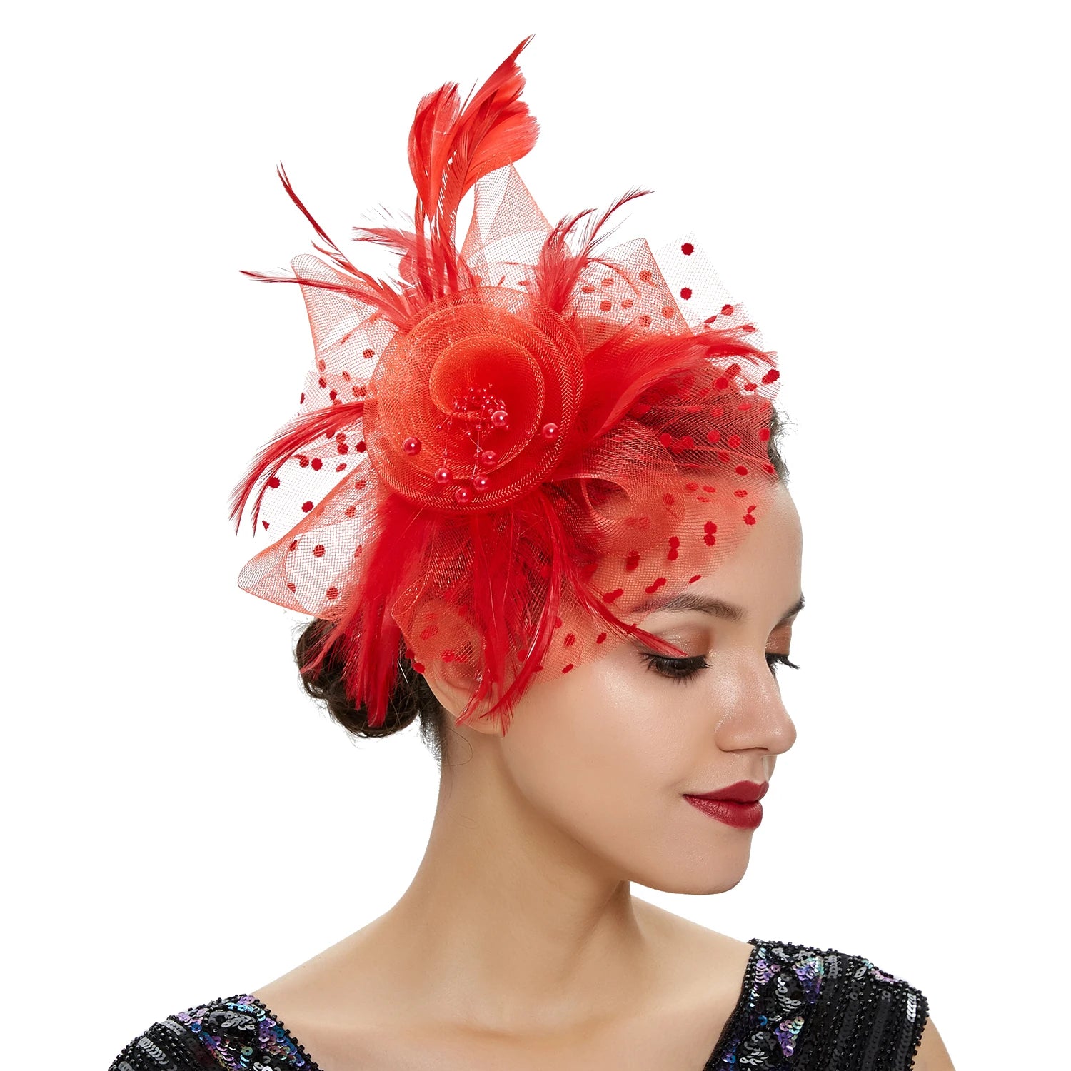 Vintage Women Feather Flower Fascinator Hat Ladies Hair Accessories Wedding Party Floral Mesh Veil Headband Hairpin