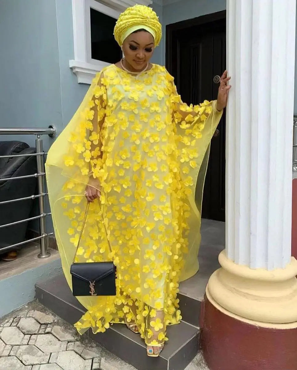 Women's African Kaftan Maxi Dress — Appliqué Flower Chiffon Kanga Gown