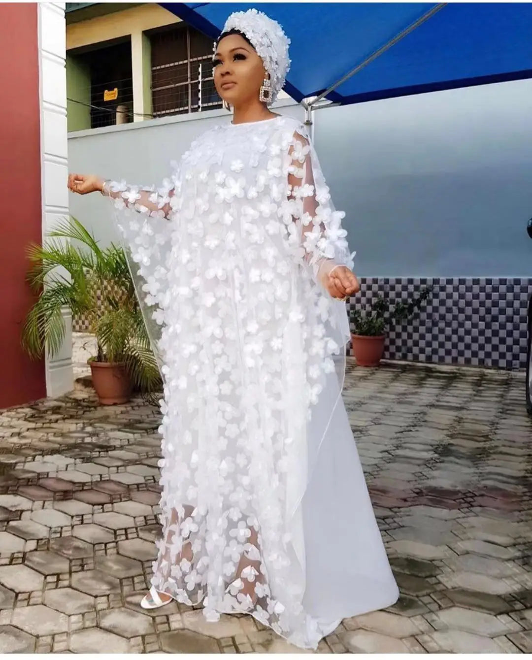 Women's African Kaftan Maxi Dress — Appliqué Flower Chiffon Kanga Gown