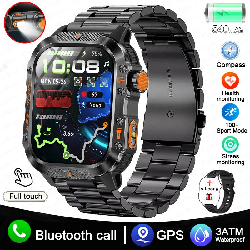 Military GPS Smartwatch Men | 2.01" AMOLED Flashlight Bluetooth 3ATM Waterproof