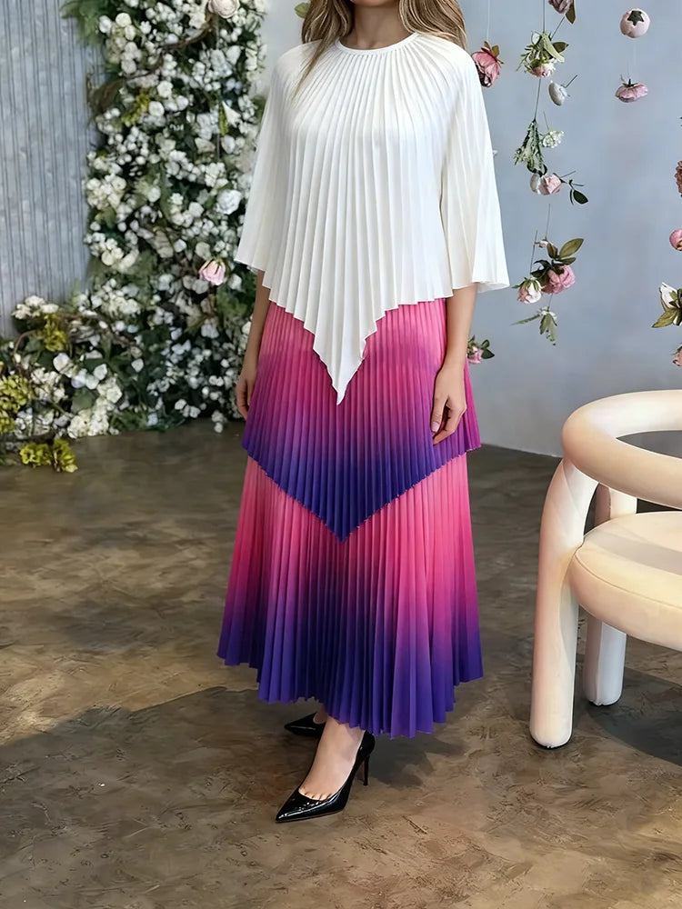 Women's Gradient Pleated Two-Piece Set | Irregular Top & High-Waist A-Line Skirt | Plus Size | AvantBah