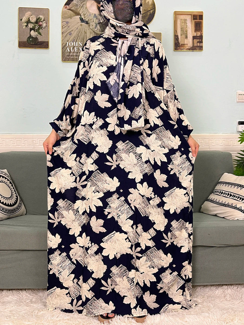 Women's Traditional Floral Ramadan Muslim Cotton Abayas Garment with attached Headscarf