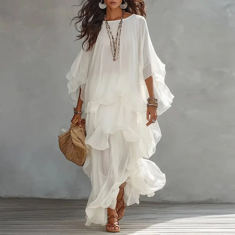 Vintage Solid Tiered Ruffle Mesh Dress Women Crew Neck Loose Batwing Sleeve Sheer Maxi Dress Elegant Holiday Travel Casual Dress
