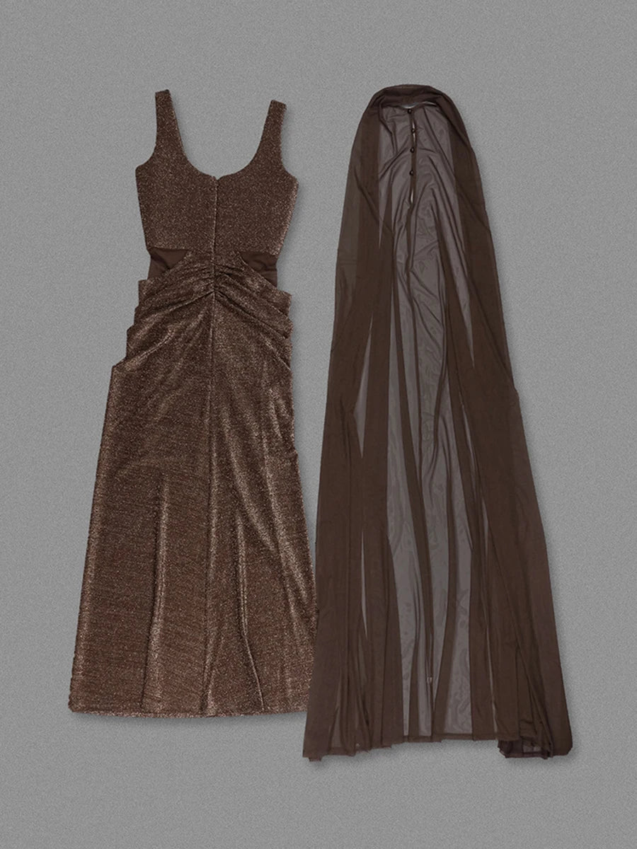 VGH Chic Sparkly Sequin Mermaid Maxi Dress for Women Deep V Sleeveless Mesh Cutout Waist with Sheer Cape for Evening Party Gown