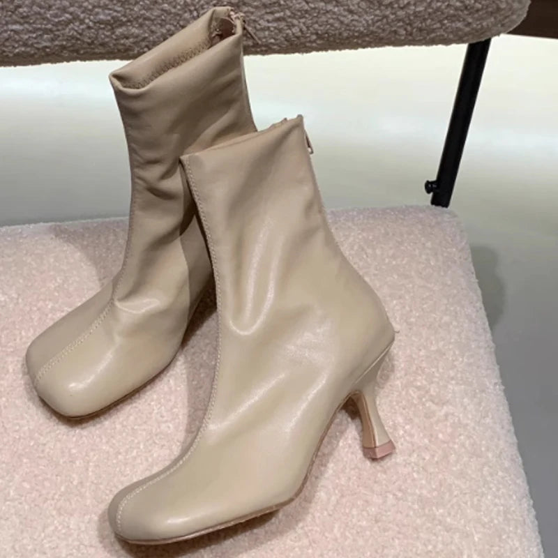 JOZHAMTA Size 34-43 Women Real Leather Thin Heels Ankle Boots Slip On Warm Autumn Winter Sexy Round Toe Elegant Short Boots