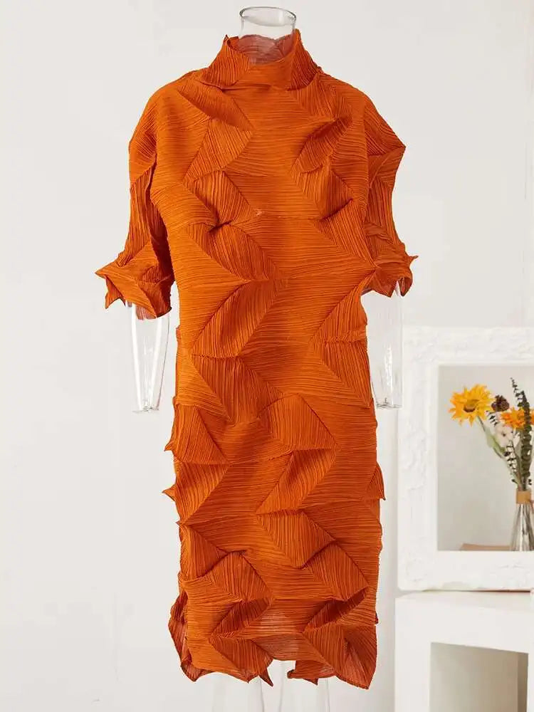 Women's Pleated Turtleneck A-Line Maxi Dress | Vintage Loose Fold Petal Sleeve | Spring 2025 | AvantBah