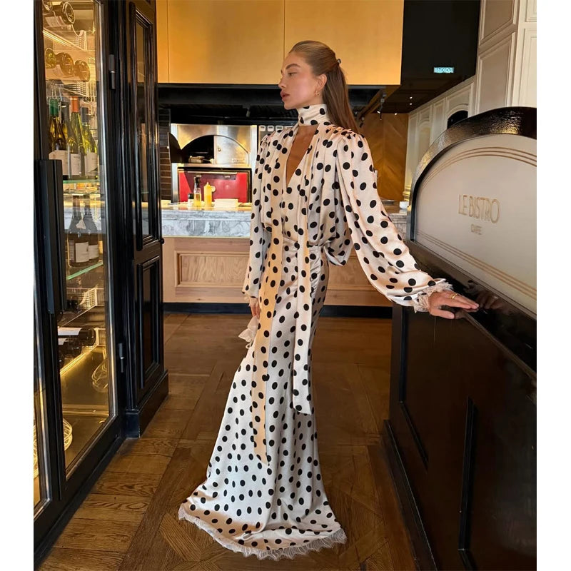 Polka Dot Skirt 2 Piece Set Women Casual High Collar Tie Full Sleeves Elastic High Waist Long Skirt Suit Lady Daily Outfit New