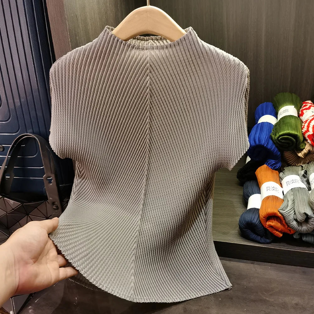 Dragon Scale Pleated Stand Collar Top – Women's Slim Fit Short Sleeve Blouse