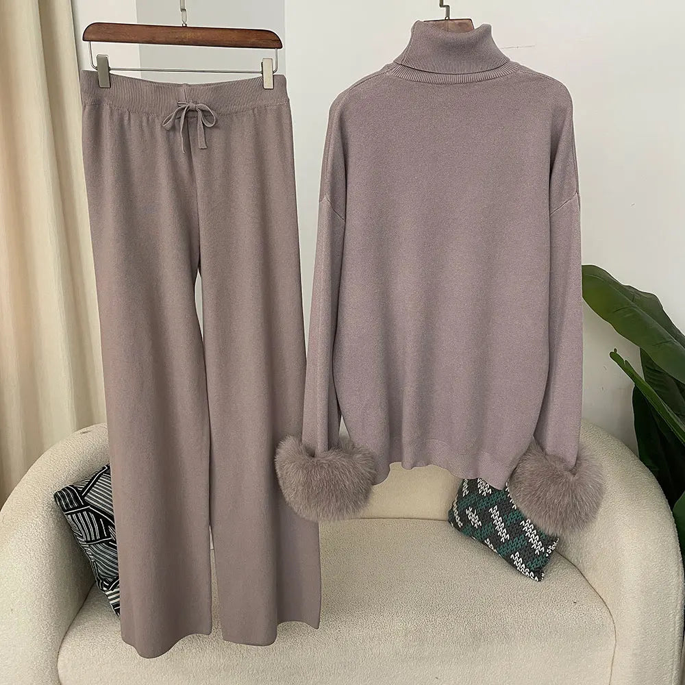 Fashion Autumn Winter Natural Real Fox Fur Cuffs Coat Knitted Sweater Women