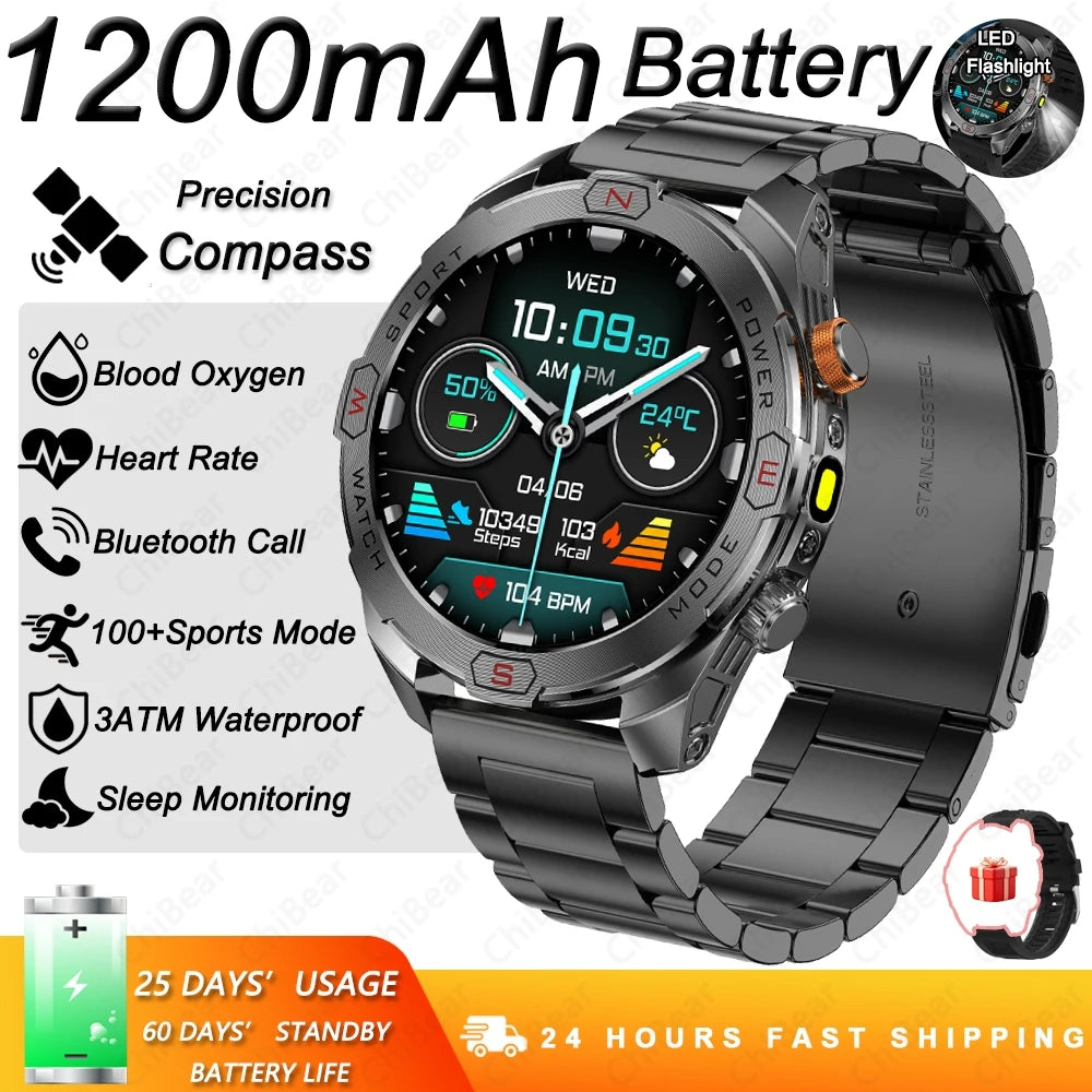 Military Grade 1200 mAh Battery Smart Watch Men LED Flashlight Outdoor Sports Fitness Tracker Compass Bluetooth Call Smartwatch