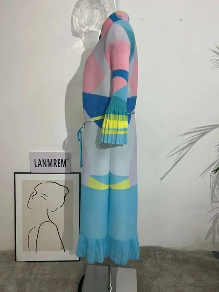 LANMREM Maxi Pleated Dress For Women Lapel Single Breasted Long Sleeves Color Block Tassel Hem Loose Chic Clothing Autumn 2R5928