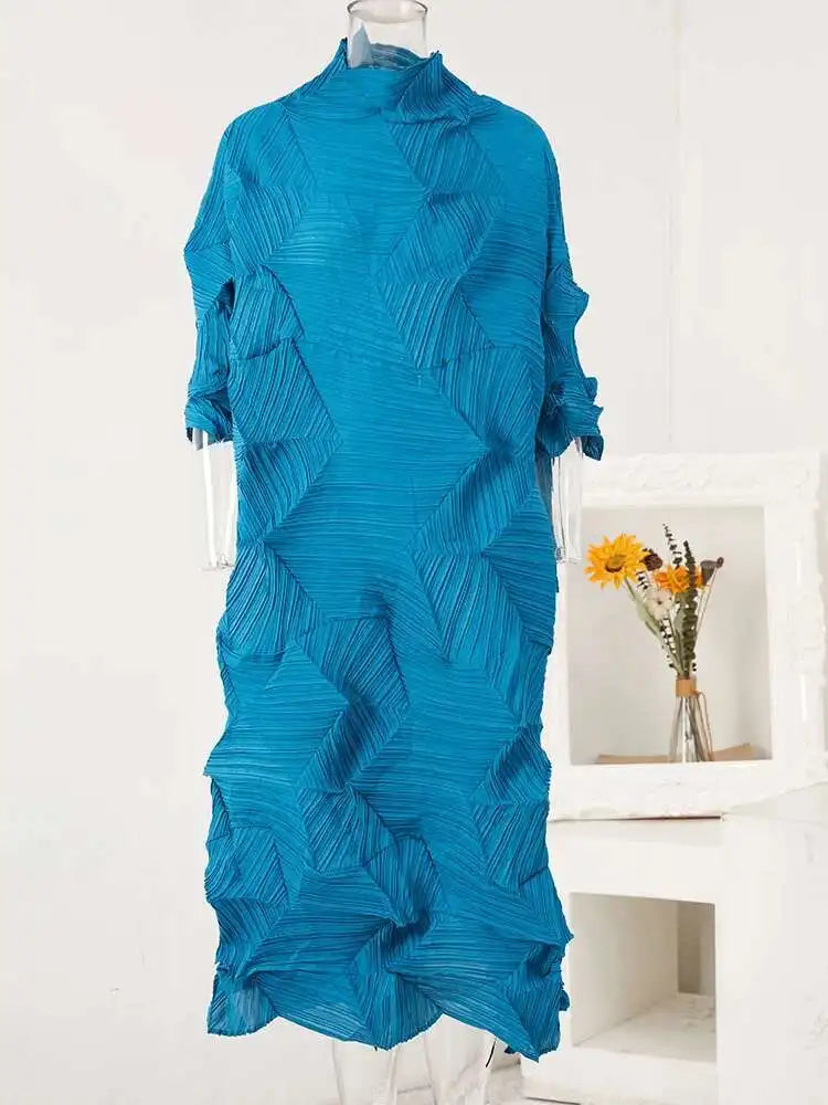 Women's Pleated Turtleneck A-Line Maxi Dress | Vintage Loose Fold Petal Sleeve | Spring 2025 | AvantBah