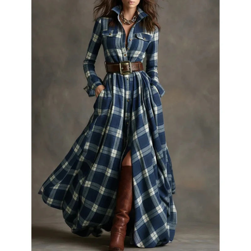 French Retro Plaid Maxi Shirt Dress – Slit | Belted | Polo Collar | Princess Sleeves | Pockets | S–XXL | 6 Colours