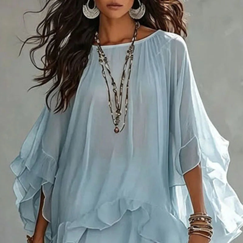 Vintage Solid Tiered Ruffle Mesh Dress Women Crew Neck Loose Batwing Sleeve Sheer Maxi Dress Elegant Holiday Travel Casual Dress
